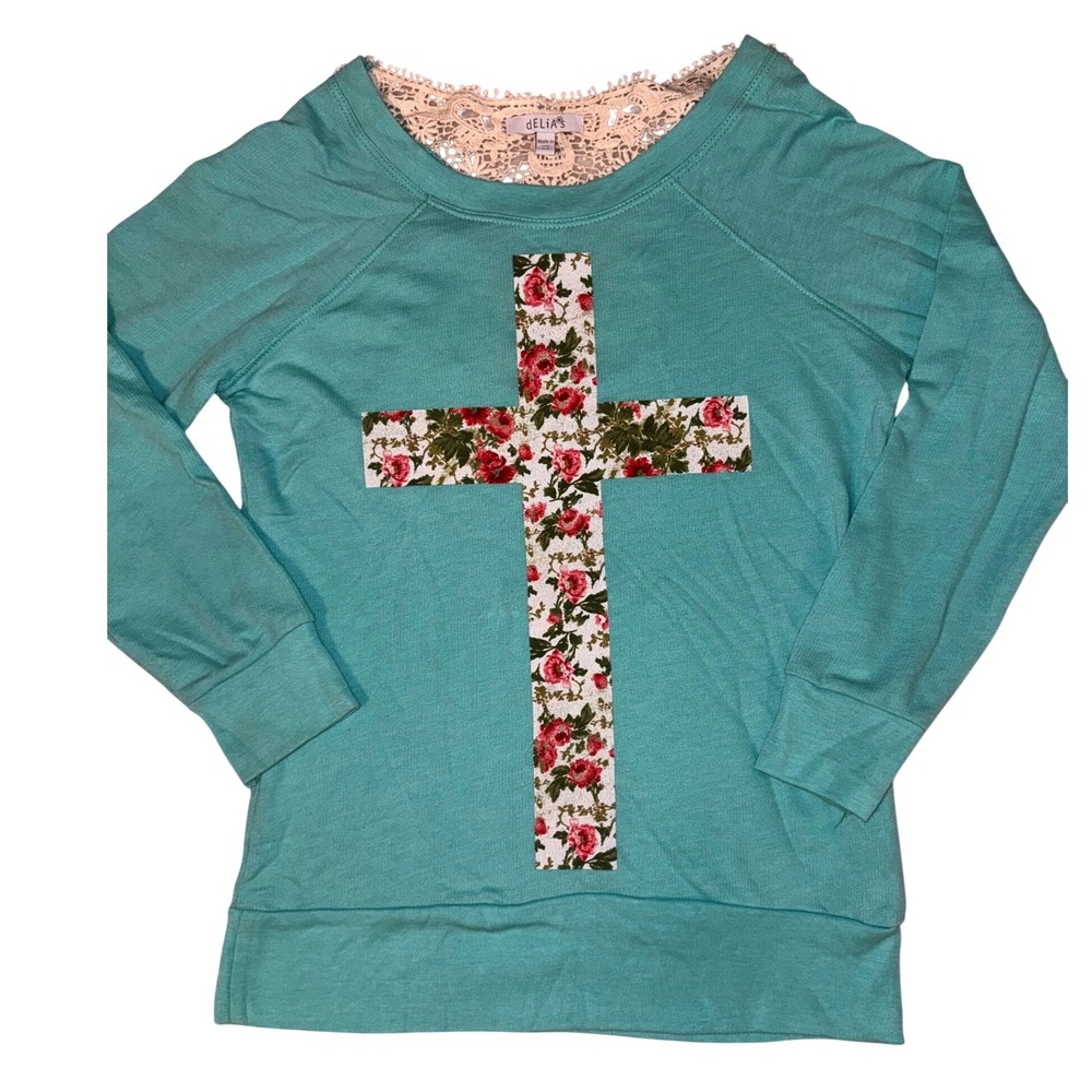 Delias Womens Teal Floral Cross Crochet Lace Back Sweatshirt XS Pullover Y2K